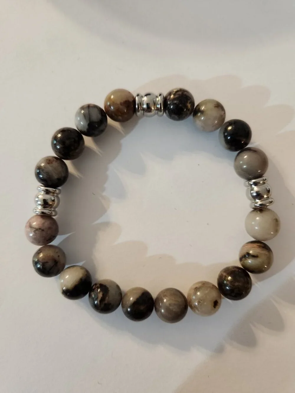 Hand Crafted Picasso Jasper Stretch Bracelet with Stainless Steel Accent Beads